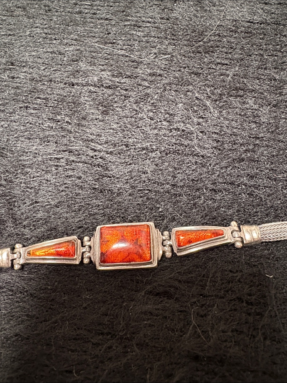 Vintage Sterling Silver Baltic Orange Amber Inlay Bracelet